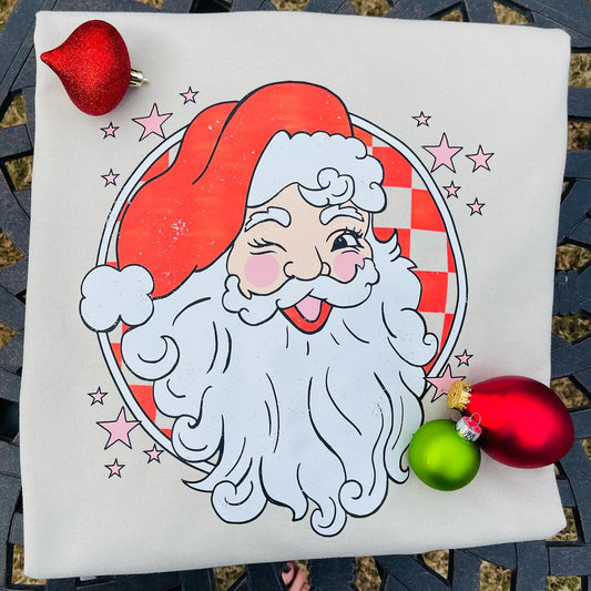 “Santa with Rosy Cheeks and a Wink” Tan Crewneck Sweatshirt