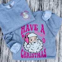 “Pink Christmas Santa” Ash Gray Crewneck Sweatshirt (Front & Back)